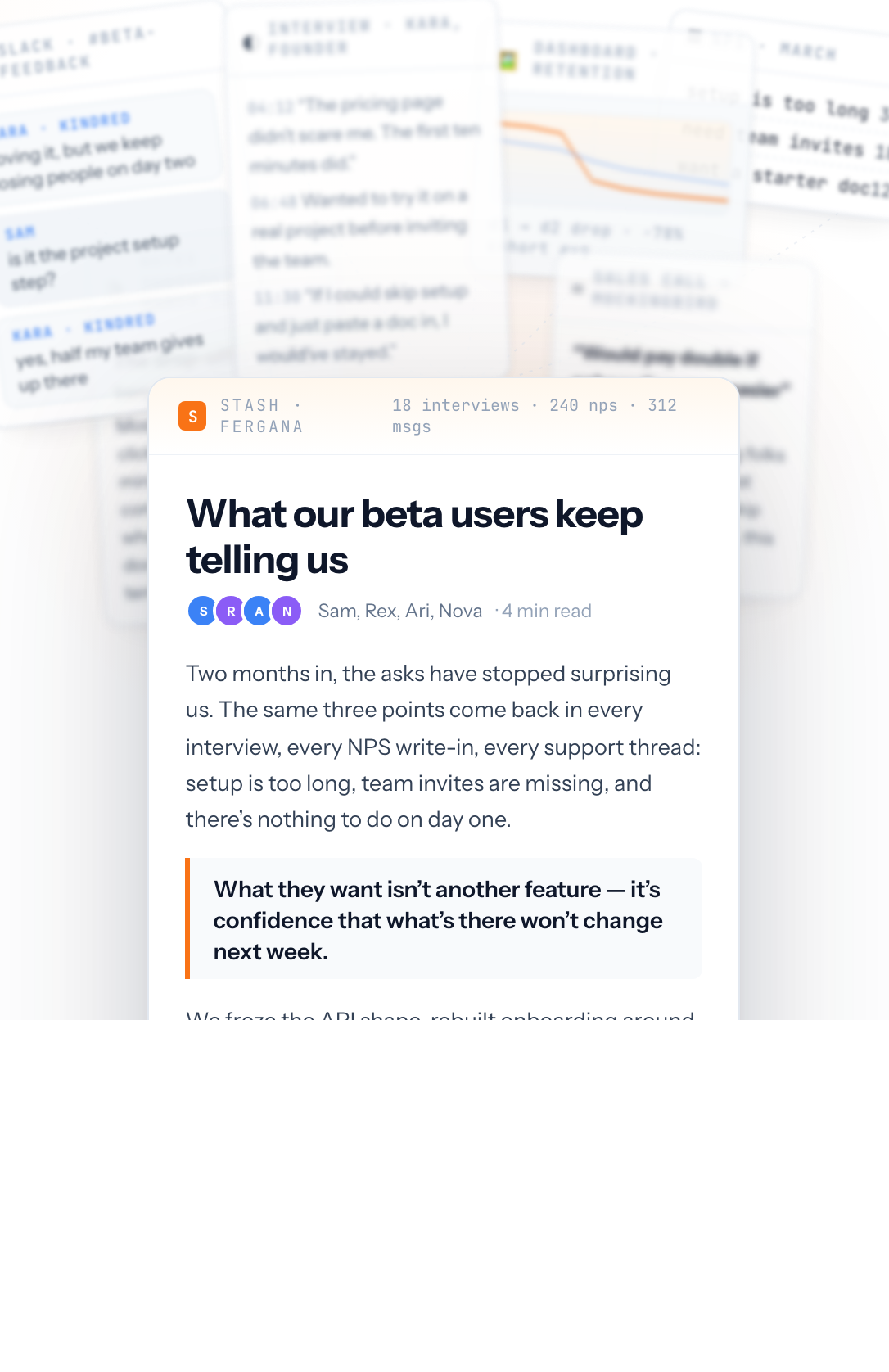 A blurred fan of customer-feedback sources funnelling into a single, crisp Stash article that synthesizes the recurring asks.